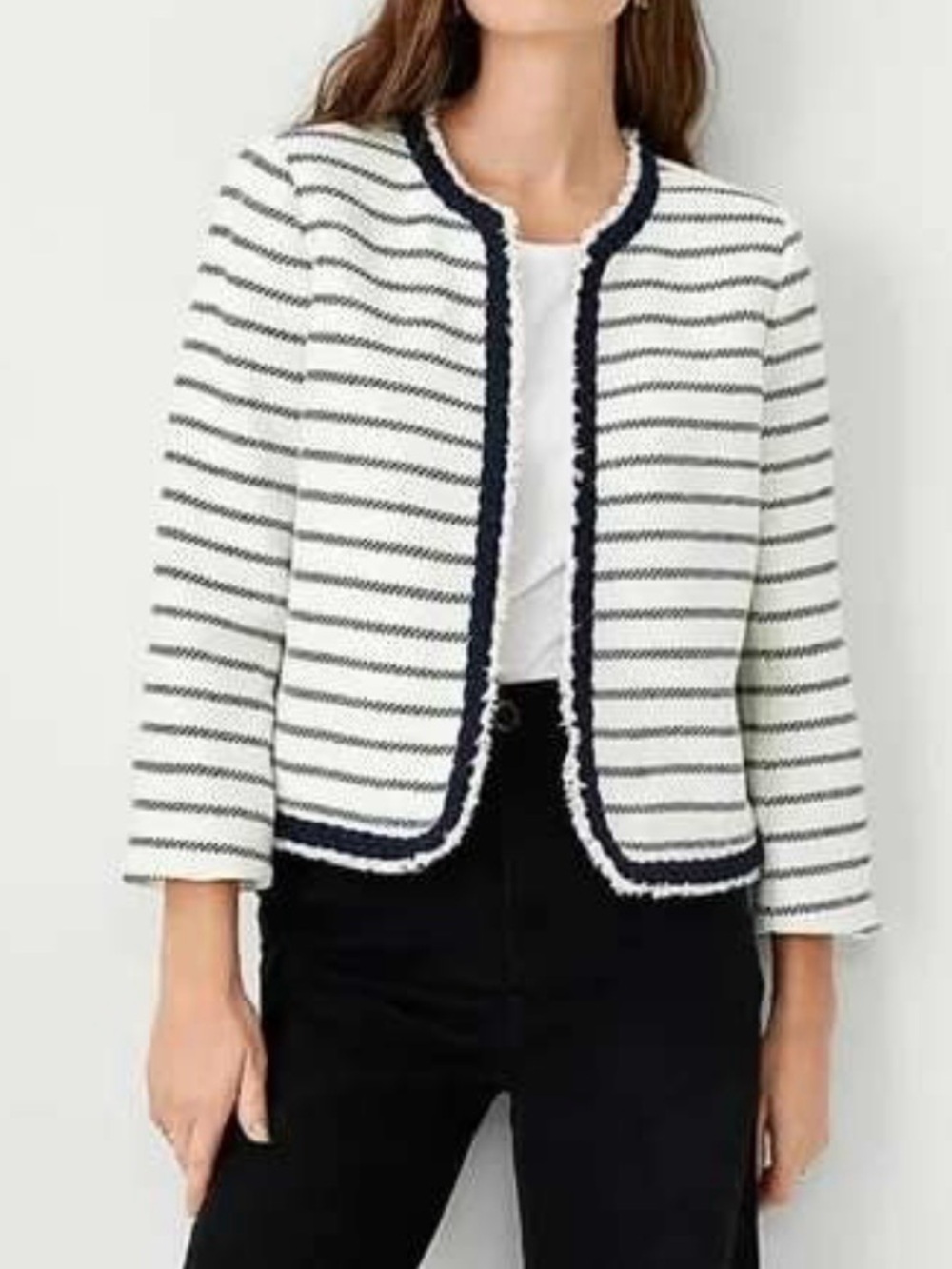 Ann Taylor White & Black Striped Open-Front Jacket